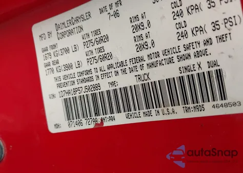 2007 Dodge Ram 1500 Slt из США, поврежденный, VIN 1D7HA18P57J502889